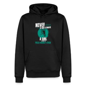 Une fille avec un bâton de hockey sur gazon marque un but sportif - Sweat à capuche Premium bio Homme - noir - Devant - Nico (187cm)