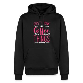 D’abord je bois du café puis je construis des choses - Sweat à capuche Premium bio Homme - noir - Devant - Nico (187cm)