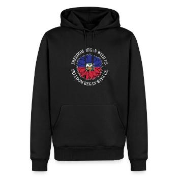 Mois du patrimoine haïtien La liberté a commencé avec nous - Sweat à capuche Premium bio Homme - noir - Devant - Nico (187cm)