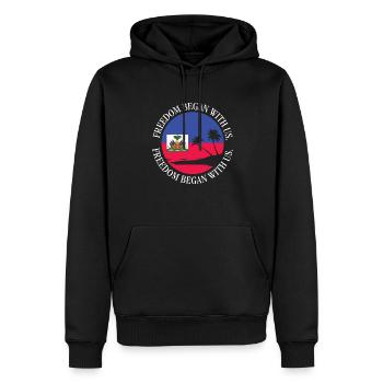 Fierté haïtienne Mois du patrimoine haïtien Début de la liberté - Sweat à capuche Premium bio Homme - noir - Devant - Nico (187cm)