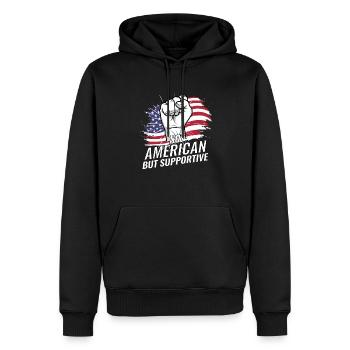 Pas américain mais favorable aux États-Unis Flag Voyage aux États-Unis - Sweat à capuche Premium bio Homme - noir - Devant - Nico (187cm)