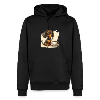 Teckel mignon Doxie avec une tasse de saucisse à café - Sweat à capuche Premium bio Homme - noir - Devant - Nico (187cm)