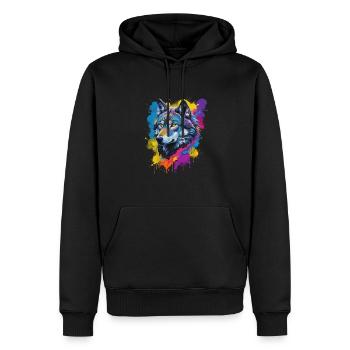 Farbexplosion Wolf Portrait Künstlervision - Männer Premium Bio Hoodie - Schwarz - Vorne - Nico (187cm)