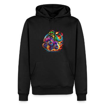 Dinosaure aventureux sur un camion monstre - Sweat à capuche Premium bio Homme - noir - Devant - Nico (187cm)