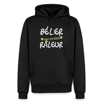 T shirt bélier ascendant râleur, homme - Sweat à capuche Premium bio Homme - noir - Devant - Nico (187cm)
