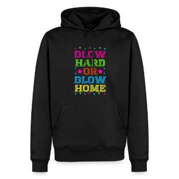 Glow Hard Oder Glow Home 70s 80er 90er Retro Party - Männer Premium Bio Hoodie - Schwarz - Vorne - Nico (187cm)