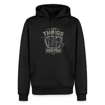 I Like Things The Pew Pew Gun Enthusiast - Men’s Premium Organic Hoodie - black - Front - Nico (187cm)