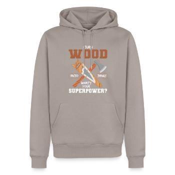 I Turn Wood into Things Your Superpower - Men’s Premium Organic Hoodie - taupe - Front - Nico (187cm)