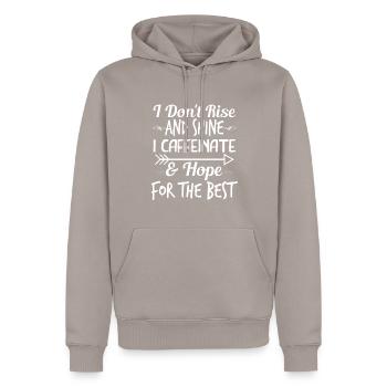 I don't get up and I glow caffeinated - Men’s Premium Organic Hoodie - taupe - Front - Nico (187cm)