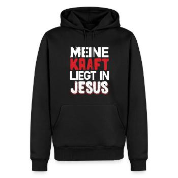Meine Kraft liegt in Jesus | Bibel Sprüche Yeshua - Männer Premium Bio Hoodie - Schwarz - Vorne - Nico (187cm)
