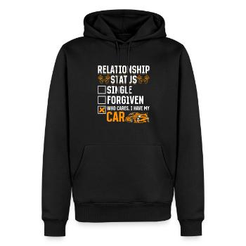 Statut relationnel qui se soucie de ma voiture - Sweat à capuche Premium bio Homme - noir - Devant - Nico (187cm)