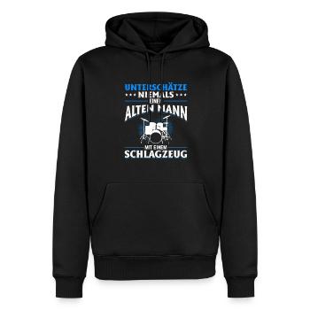 Unterschätze niemals einen Mann mit ein Schlagzeug - Männer Premium Bio Hoodie - Schwarz - Vorne - Nico (187cm)