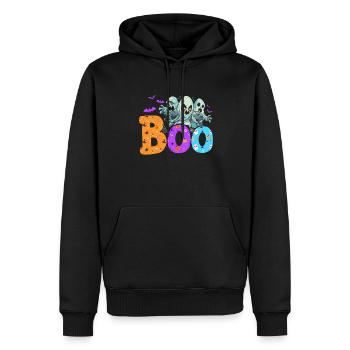 des fantômes espiègles et le dicton « BOO » - Sweat à capuche Premium bio Homme - noir - Devant - Nico (187cm)
