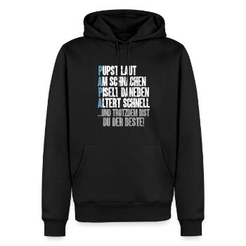 PAPA – Pupst laut, Am schnarchen, Piselt daneben - Männer Premium Bio Hoodie - Schwarz - Vorne - Nico (187cm)