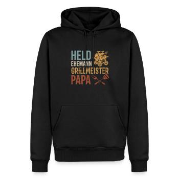Héros, mari, maître du gril, papa - Sweat à capuche Premium bio Homme - noir - Devant - Nico (187cm)