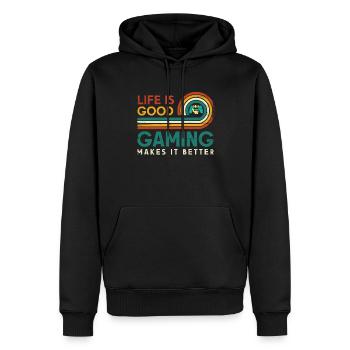Life is good. Gaming makes it better - Men’s Premium Organic Hoodie - black - Front - Nico (187cm)