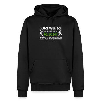 Glückwunsch zu Deiner FLucht, Jobwechsel Abschieds - Männer Premium Bio Hoodie - Schwarz - Vorne - Nico (187cm)