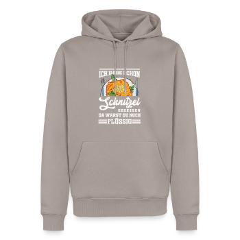 Schnitzel since birth - Men’s Premium Organic Hoodie - taupe - Front - Nico (187cm)