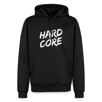 "HARDCORE" White Brush Font - Men’s Premium Organic Hoodie - black - Front - Nico (187cm)