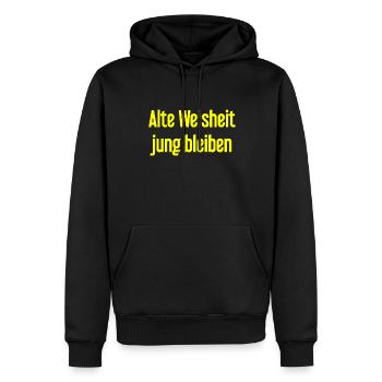 Alte Weisheit, jung bleiben – Lebensfroher Spruch - Männer Premium Bio Hoodie - Schwarz - Vorne - Nico (187cm)