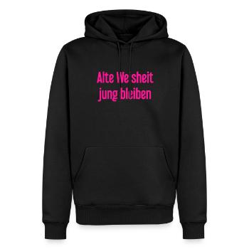 Alte Weisheit, jung bleiben – Lebensfroher Spruch - Männer Premium Bio Hoodie - Schwarz - Vorne - Nico (187cm)