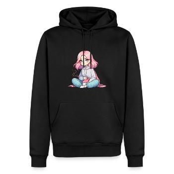 Fille animée confortable avec des cheveux roses et du thé - Sweat à capuche Premium bio Homme - noir - Devant - Nico (187cm)