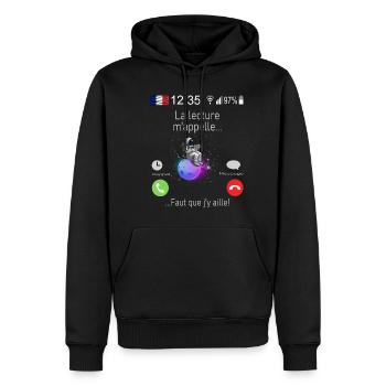 La lecture M appelle Faut que j y aille 1 - Sweat à capuche Premium bio Homme - noir - Devant - Nico (187cm)