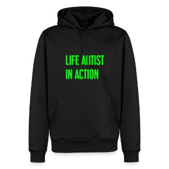 Lebenskünstler im Einsatz - Männer Premium Bio Hoodie - Schwarz - Vorne - Nico (187cm)