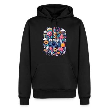 Bunte Collage mit Kamera - Männer Premium Bio Hoodie - Schwarz - Vorne - Nico (187cm)