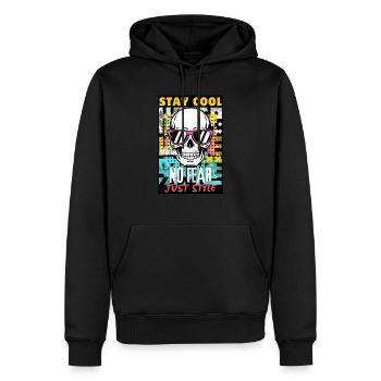 COOL BLEIBEN – KEINE ANGST, NUR STYLE - Männer Premium Bio Hoodie - Schwarz - Vorne - Nico (187cm)