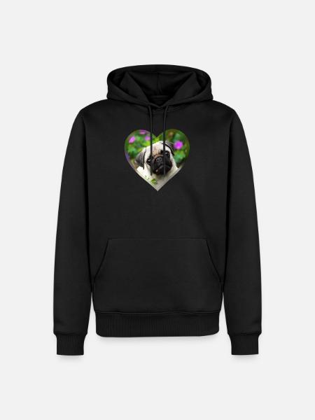 Funny pug puppy dog photo portrait with heart - Men’s Premium Organic Hoodie - black