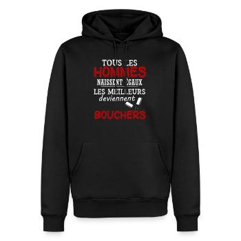 Boucher - Boucherie - Viande - Humour - Drôle - Sweat à capuche Premium bio Homme - noir - Devant - Nico (187cm)