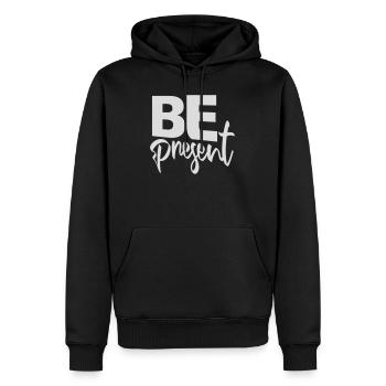 Be present at the moment here and now Quote Text - Men’s Premium Organic Hoodie - black - Front - Nico (187cm)