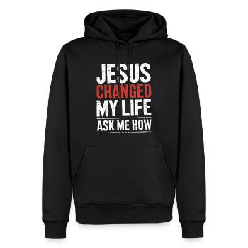 Jesus changed my life! Ask me how! Christian Jesus - Men’s Premium Organic Hoodie - black - Front - Nico (187cm)
