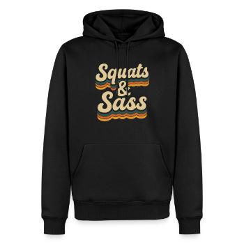 Squats & Sass Retro Fitness Style - Men’s Premium Organic Hoodie - black - Front - Nico (187cm)