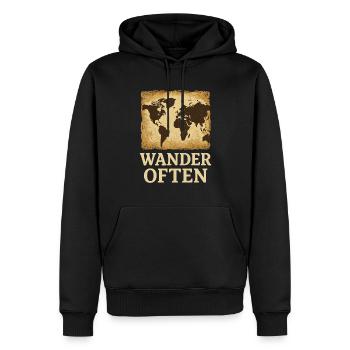 Wander Oft: Abenteuerlust Weltkarte - Männer Premium Bio Hoodie - Schwarz - Vorne - Nico (187cm)