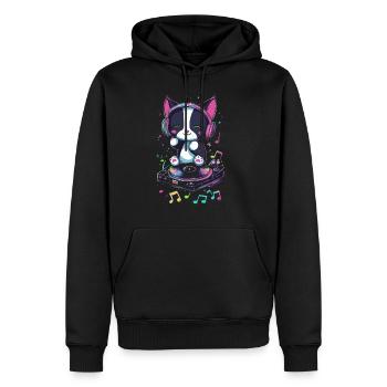 Chat mignon avec des écouteurs et un disque - Sweat à capuche Premium bio Homme - noir - Devant - Nico (187cm)