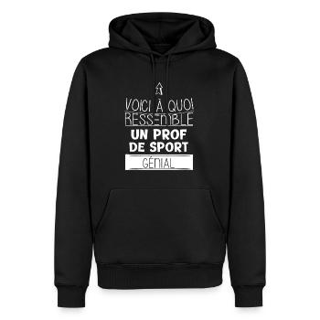 Prof - Sport - Cadeau - Génial - Enseigne - Drôle - Sweat à capuche Premium bio Homme - noir - Devant - Nico (187cm)