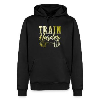 train hard spruch - Men’s Premium Organic Hoodie - black - Front - Nico (187cm)