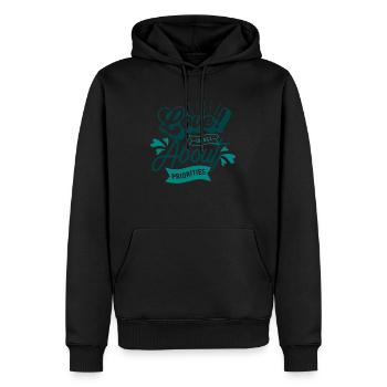 Love is all about priorities - Sweat à capuche Premium bio Homme - noir - Devant - Nico (187cm)