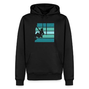 Frau Klettert vor Vintage Sunset Hintergrund - Männer Premium Bio Hoodie - Schwarz - Vorne - Nico (187cm)