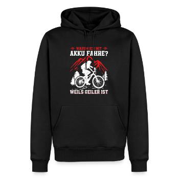 Warum ich mit Akku fahre? Radsport Rennrad MTB - Männer Premium Bio Hoodie - Schwarz - Vorne - Nico (187cm)