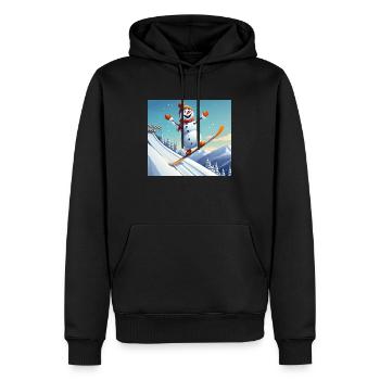 Schneemann auf Snowboard – Sprung ins Winter - Männer Premium Bio Hoodie - Schwarz - Vorne - Nico (187cm)