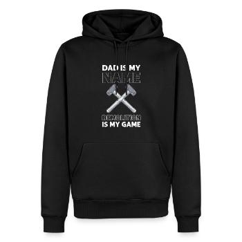 Papa Ist Mein Name. Abriss Ist Mein Spiel. - Männer Premium Bio Hoodie - Schwarz - Vorne - Nico (187cm)
