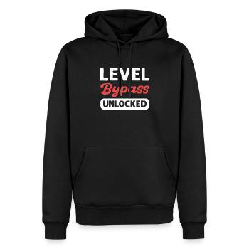 Level Bypass Freigeschaltet. Magenschirmungen - Männer Premium Bio Hoodie - Schwarz - Vorne - Nico (187cm)