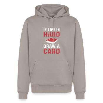 Handel med kortspil. Træk en - Herre Premium økologisk hoodie - gråbrun - Foran - Nico (187cm)