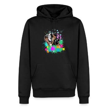 Englische Bulldogge mit Kopfhörern - Männer Premium Bio Hoodie - Schwarz - Vorne - Nico (187cm)