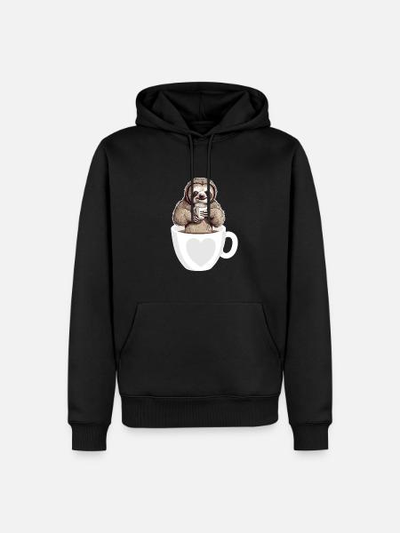 Caffè bradipo carino in una tazza di caffè che beve caffè - Felpa con cappuccio ecologica premium da uomo - nero