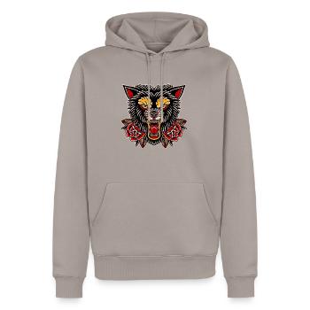 Tatouage traditionnel Loup en colère - Sweat à capuche Premium bio Homme - taupe - Devant - Nico (187cm)