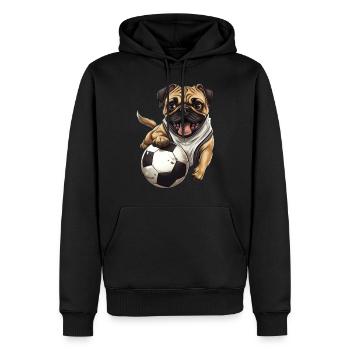 Pug in football fever: Striker with paws - Men’s Premium Organic Hoodie - black - Front - Nico (187cm)